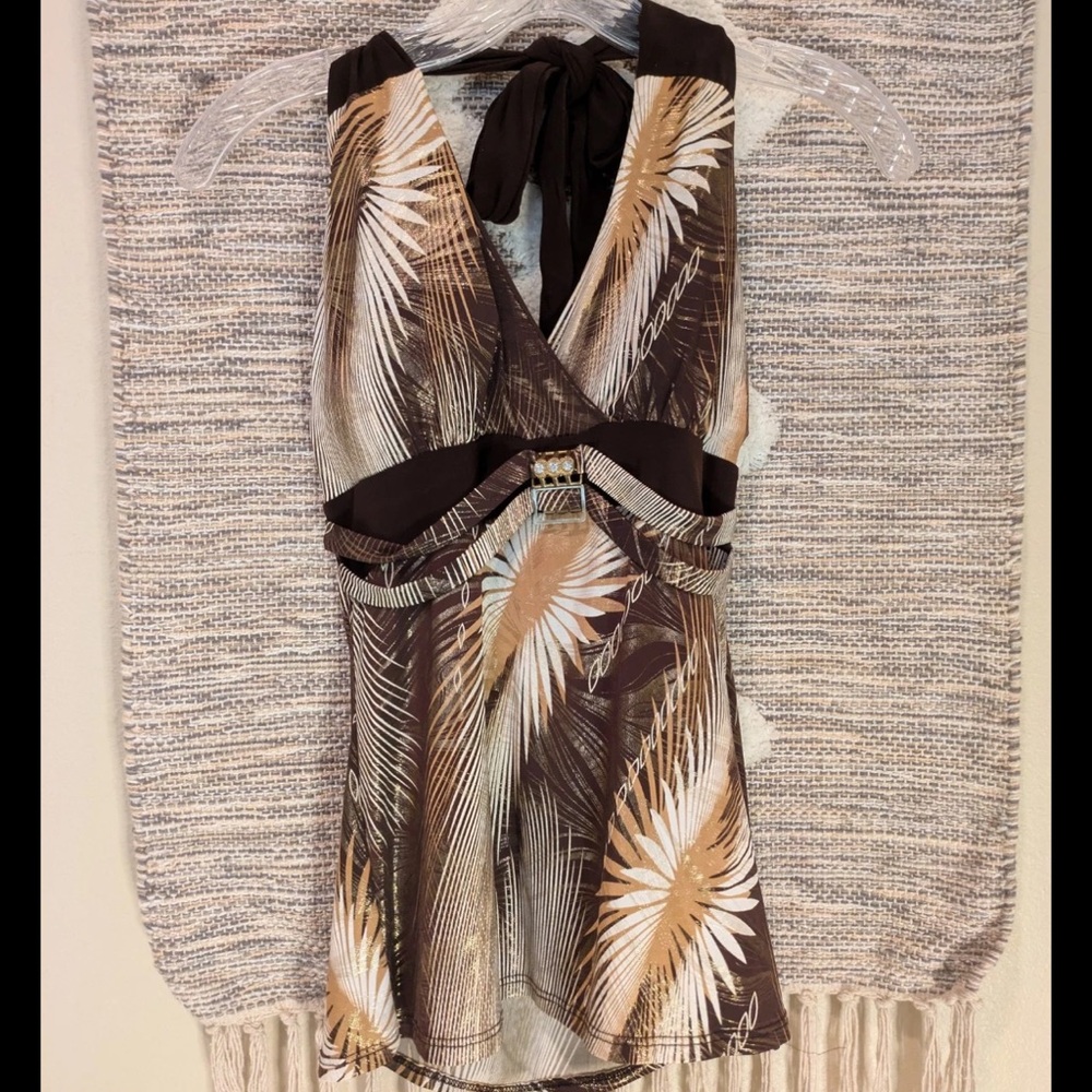 Y2K Brown and Tan Halter Top with Palm Print made in USA